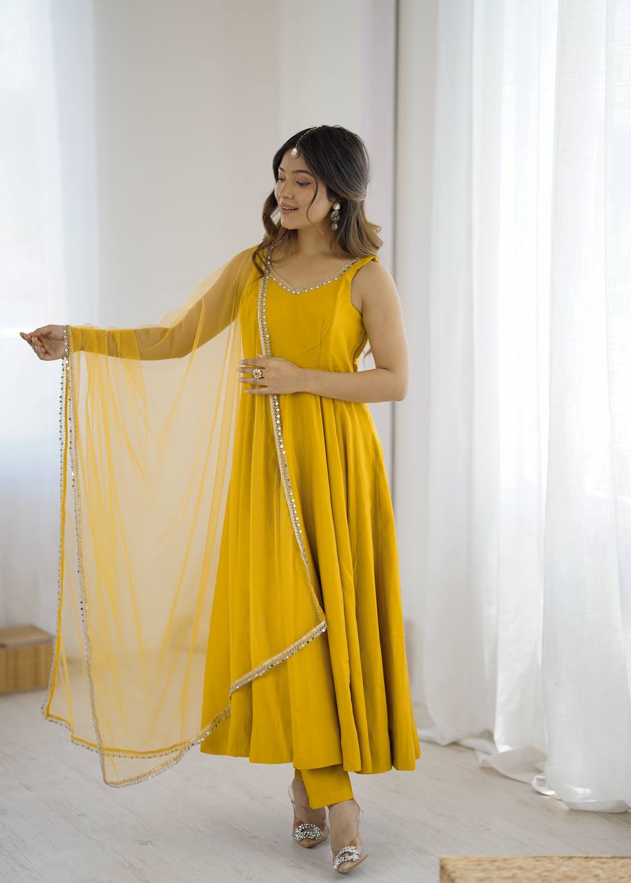 Pure Romansilk Chanderi Anarkali Set with Dupatta & Pant – Fully Stitched